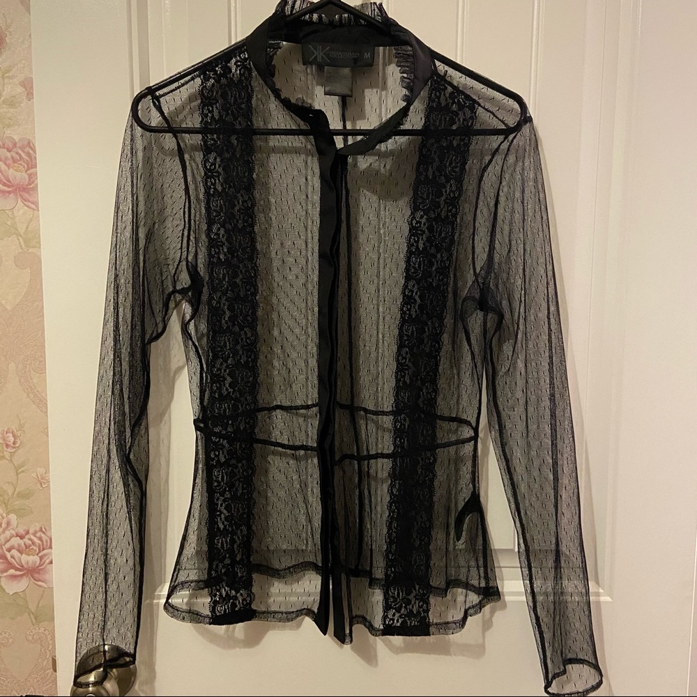 Kardashian Kollection Sheer Lace Button Up Blouse